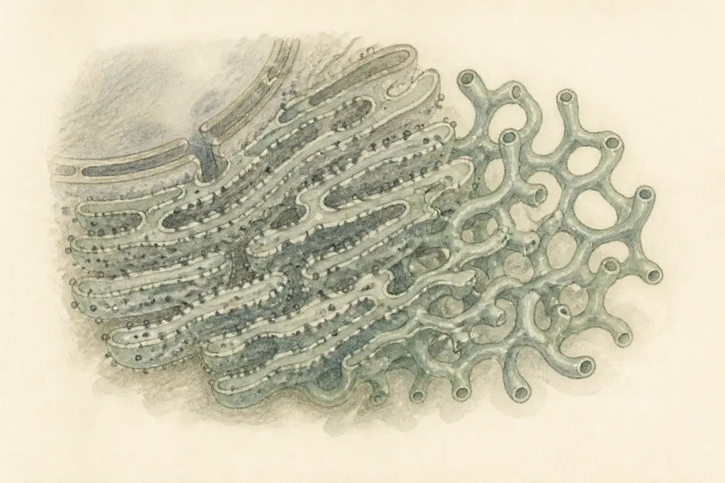 A hand-drawn study of the endoplasmic reticulum: folded membrane sheets dotted with ribosomes connect to a branching network of smooth tubules.