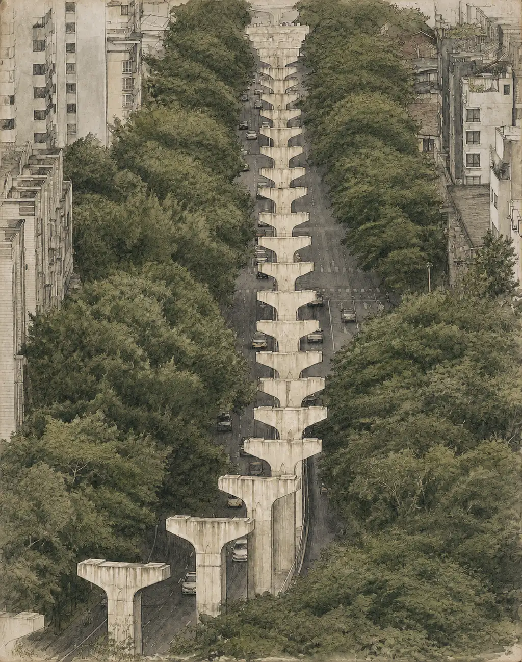 从高处纵向望向柳州城区，一列巨大的混凝土桥墩沿道路穿过树冠与楼群。